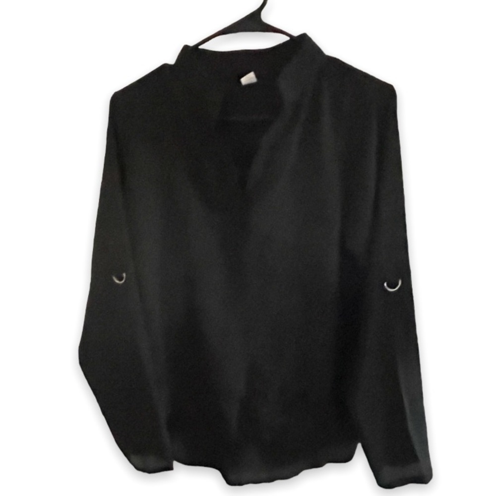 Vintage Loose Casual V Neck Lapel Puff Long Sleeve Black Poplin Eyelet Blouse - Picture 2 of 8